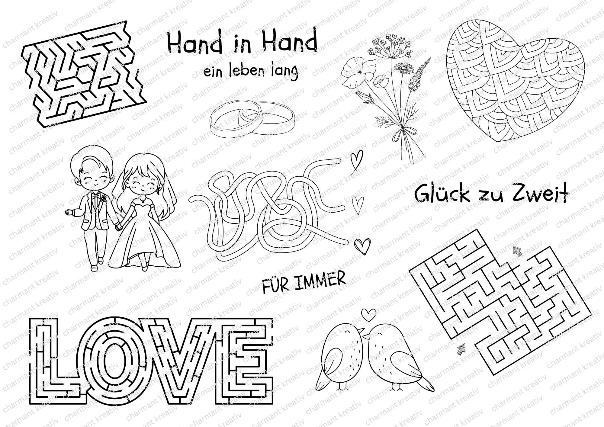 Kinder Beschäftigung Hochzeit SET – Malvorlagen & Rätsel als Druckvorlage zum Sofort-Download