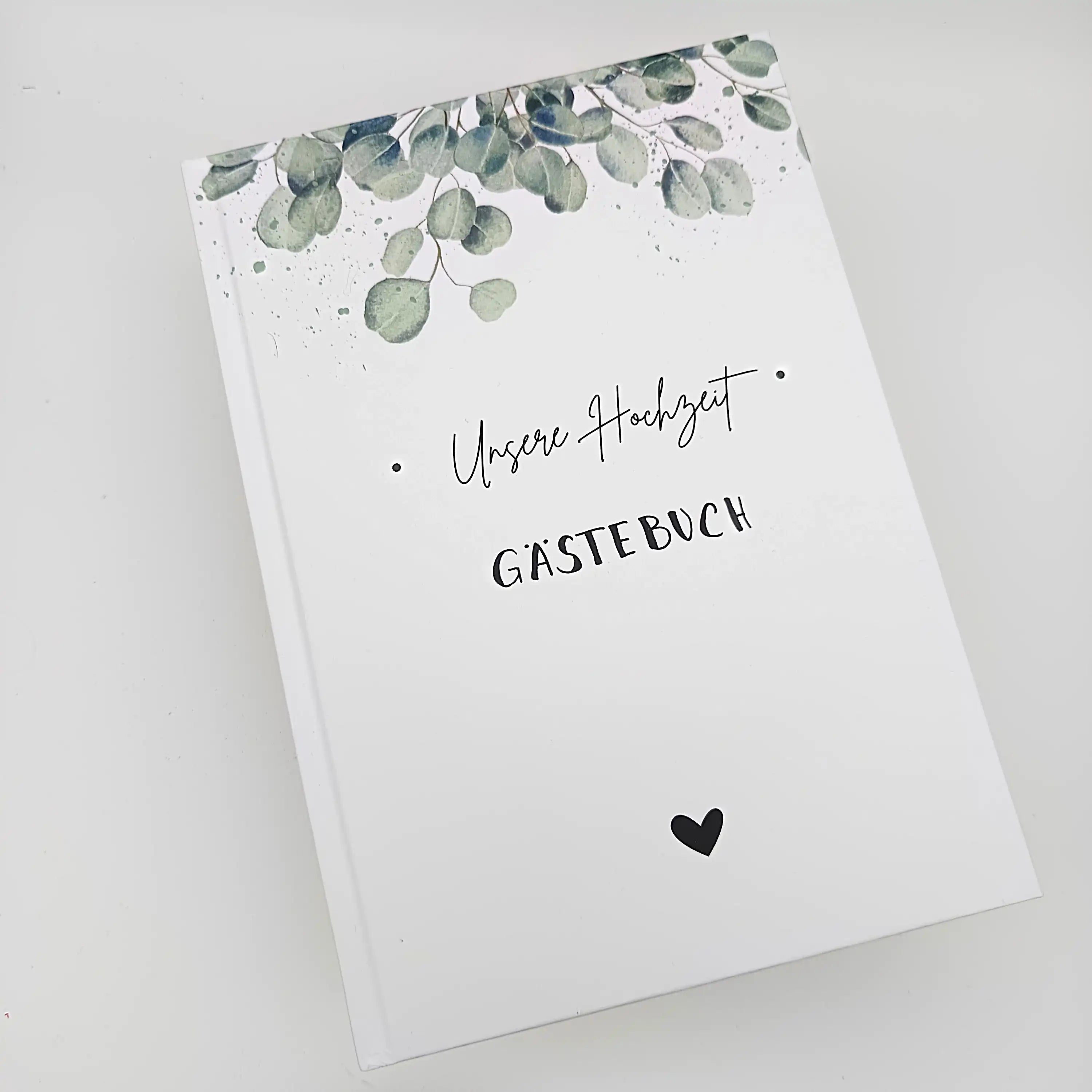 Personalisiertes Hochzeitsgästebuch mit Eukalyptus-Design und Herz, handgefertigt