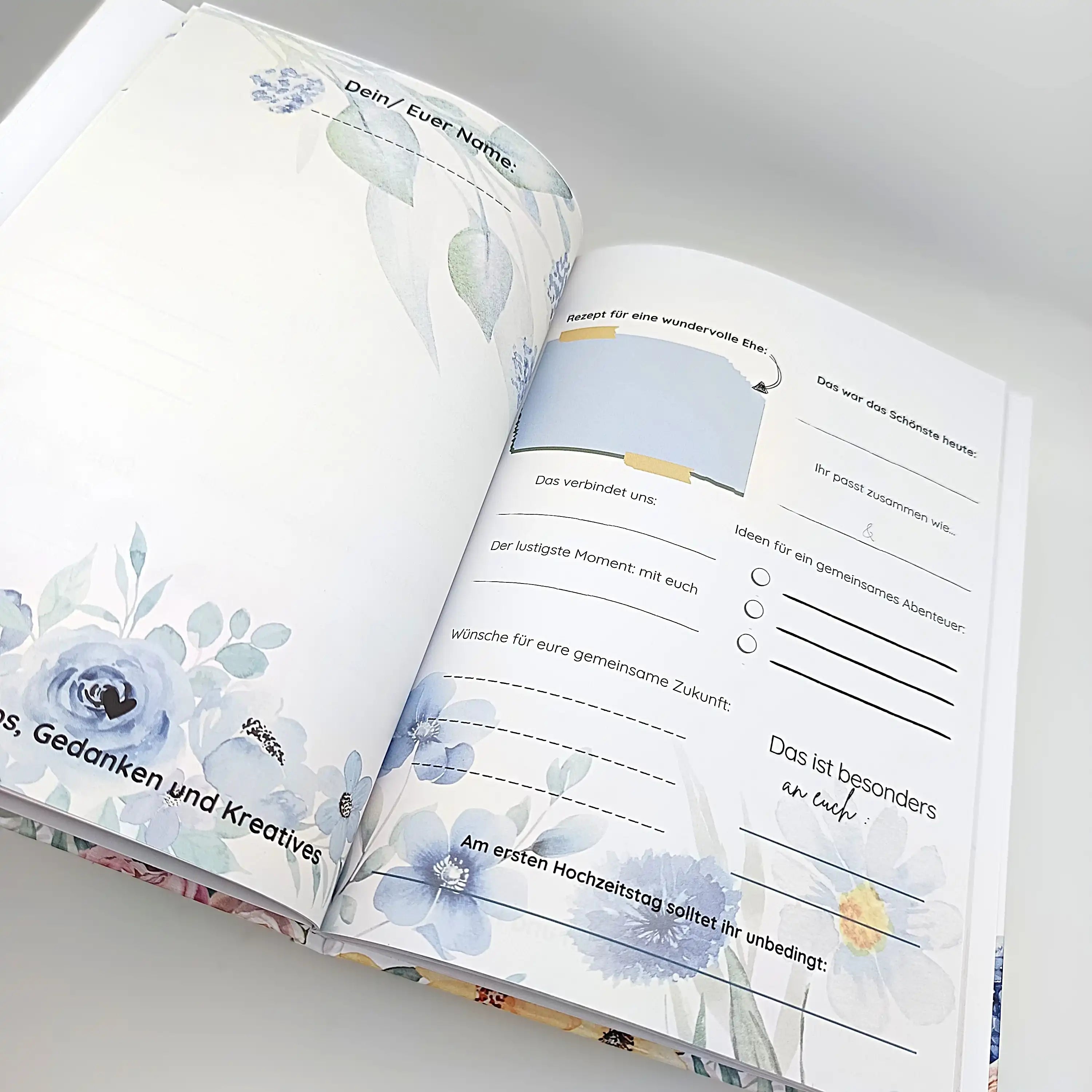 Personalisiertes Hochzeitsbuch mit blauen Blumen, handgefertigt, für Paare