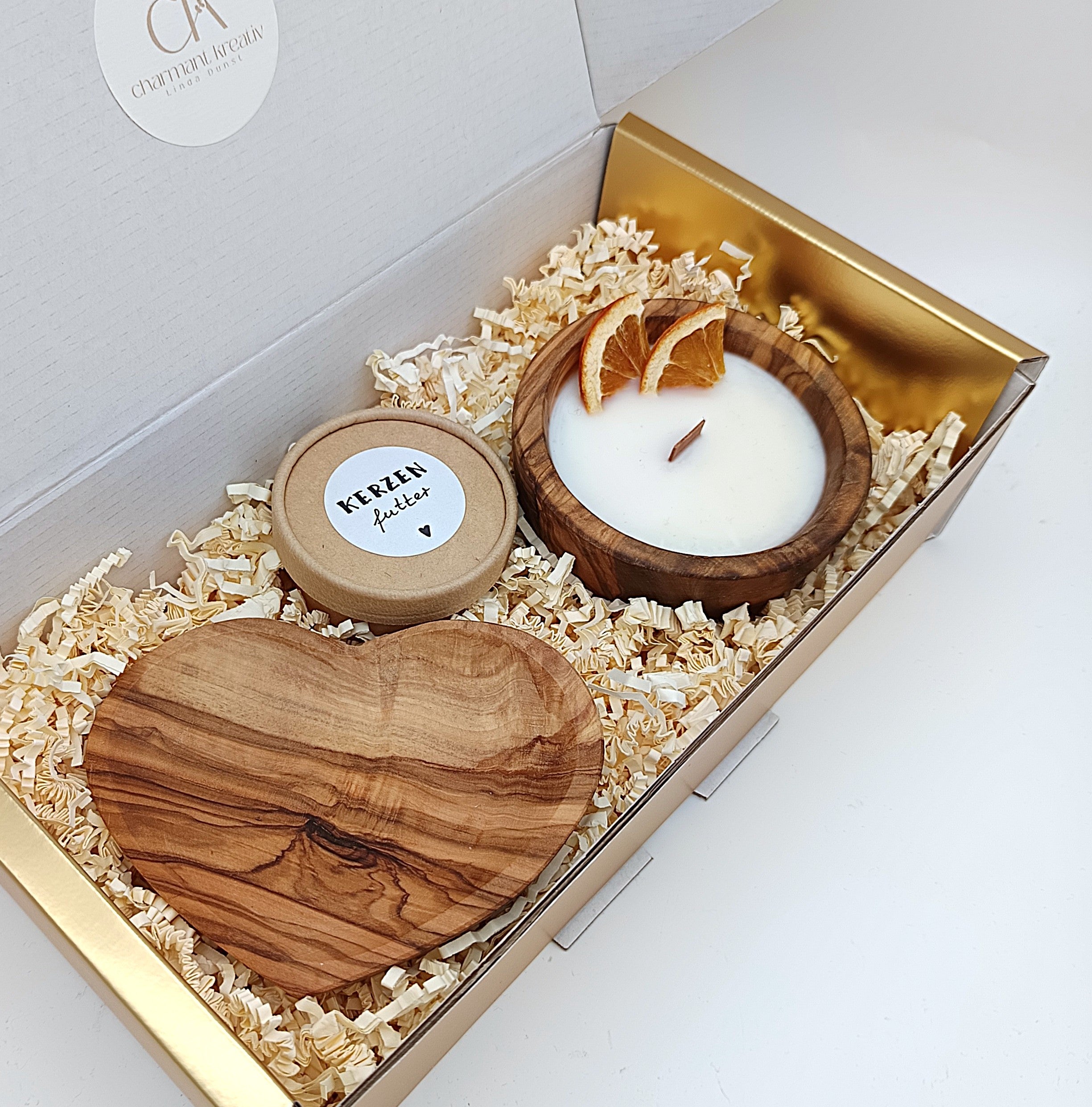 Kerzen-Geschenkset GENUSS, Sojawachskerzen ohne Duftstoffe, Geschenk für sie, handgemachte Kerze mit Holzdocht, Ringschale, Kerzenfutter