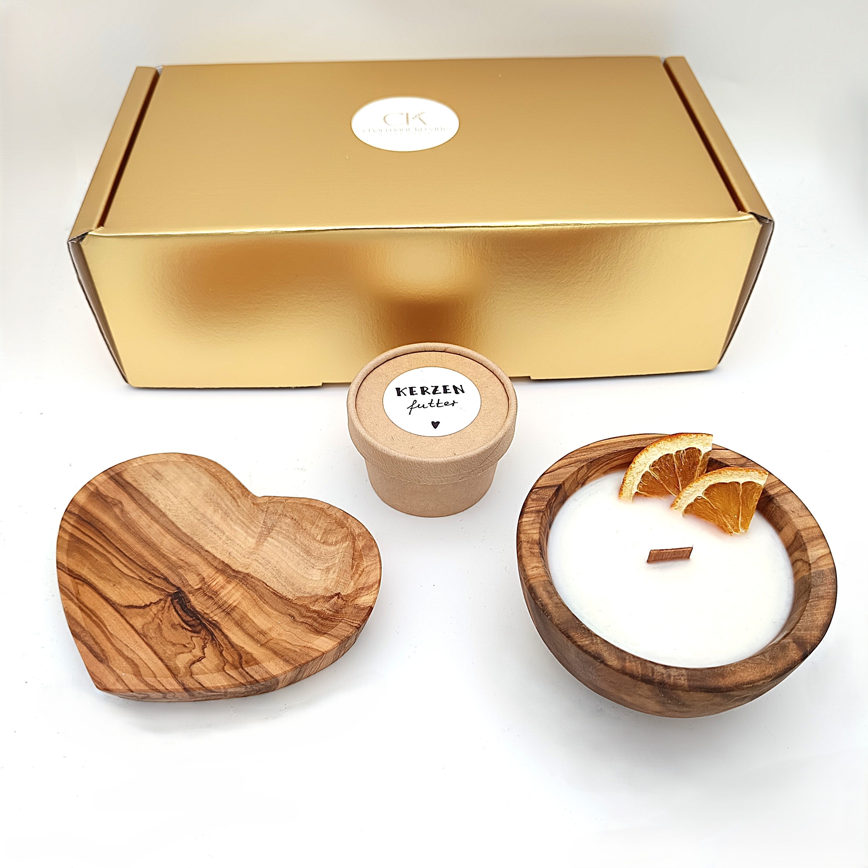 Kerzen-Geschenkset GENUSS, Sojawachskerzen ohne Duftstoffe, Geschenk für sie, handgemachte Kerze mit Holzdocht, Ringschale, Kerzenfutter