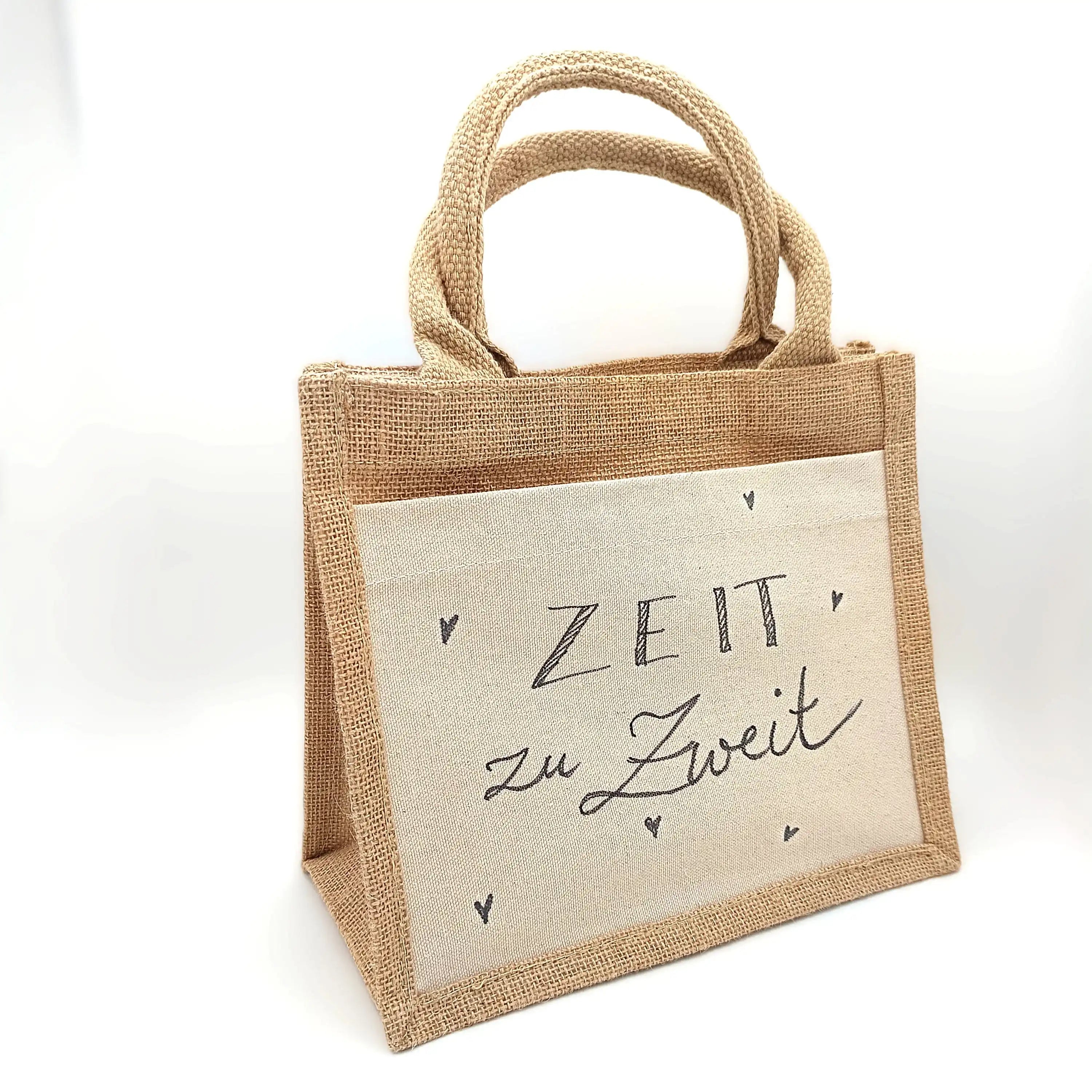 Handgefertigte Juteschachtel mit Aufschrift 'ZEIT zu Zweit', personalisiertes Unikat aus nachhaltigem Material