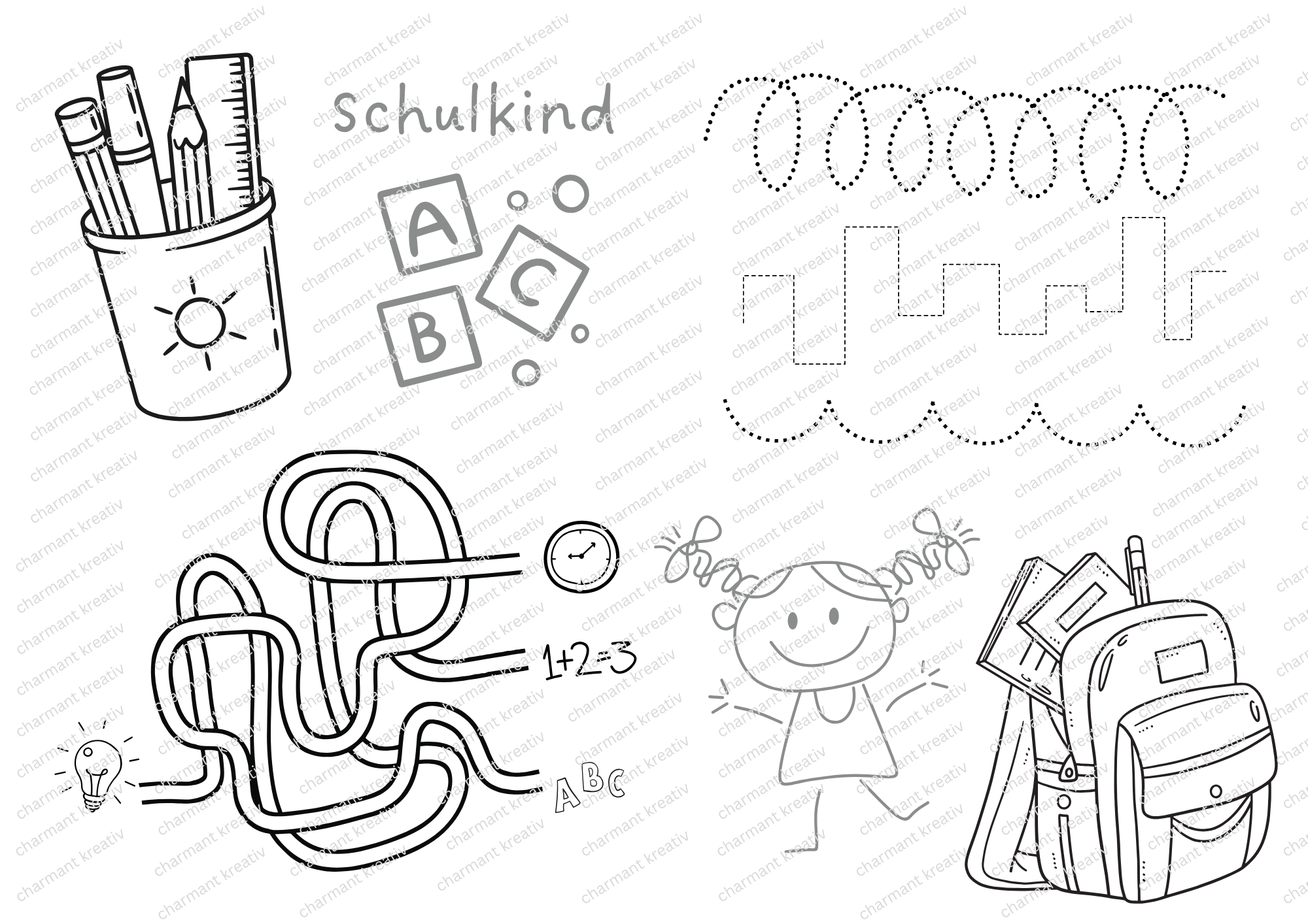 Einschulung Beschäftigung SET – Malvorlagen & Rätsel Druckvorlage | Sofort-Download PDF