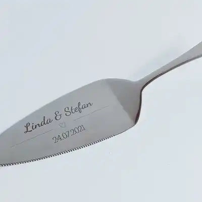 Personalisierte Kuchengabel aus Edelstahl mit Gravur Linda & Stefan 24.07.2021