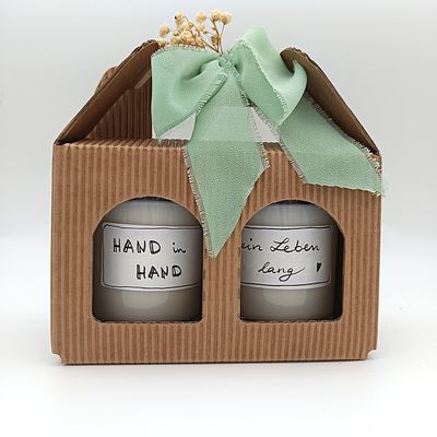 Kerzen-Geschenkset Hand in Hand, Sojawachskerzen ohne Duftstoffe, Hochzeitsgeschenk, handgemachte Kerzen mit Holzdocht