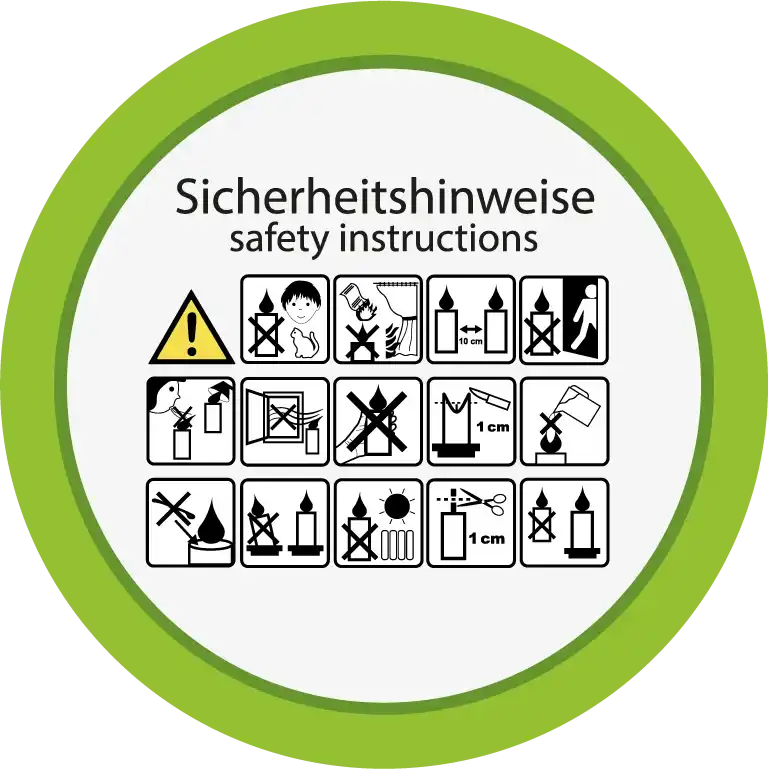 Sicherheitshinweise für Kerzen mit Symbolen und Abständen