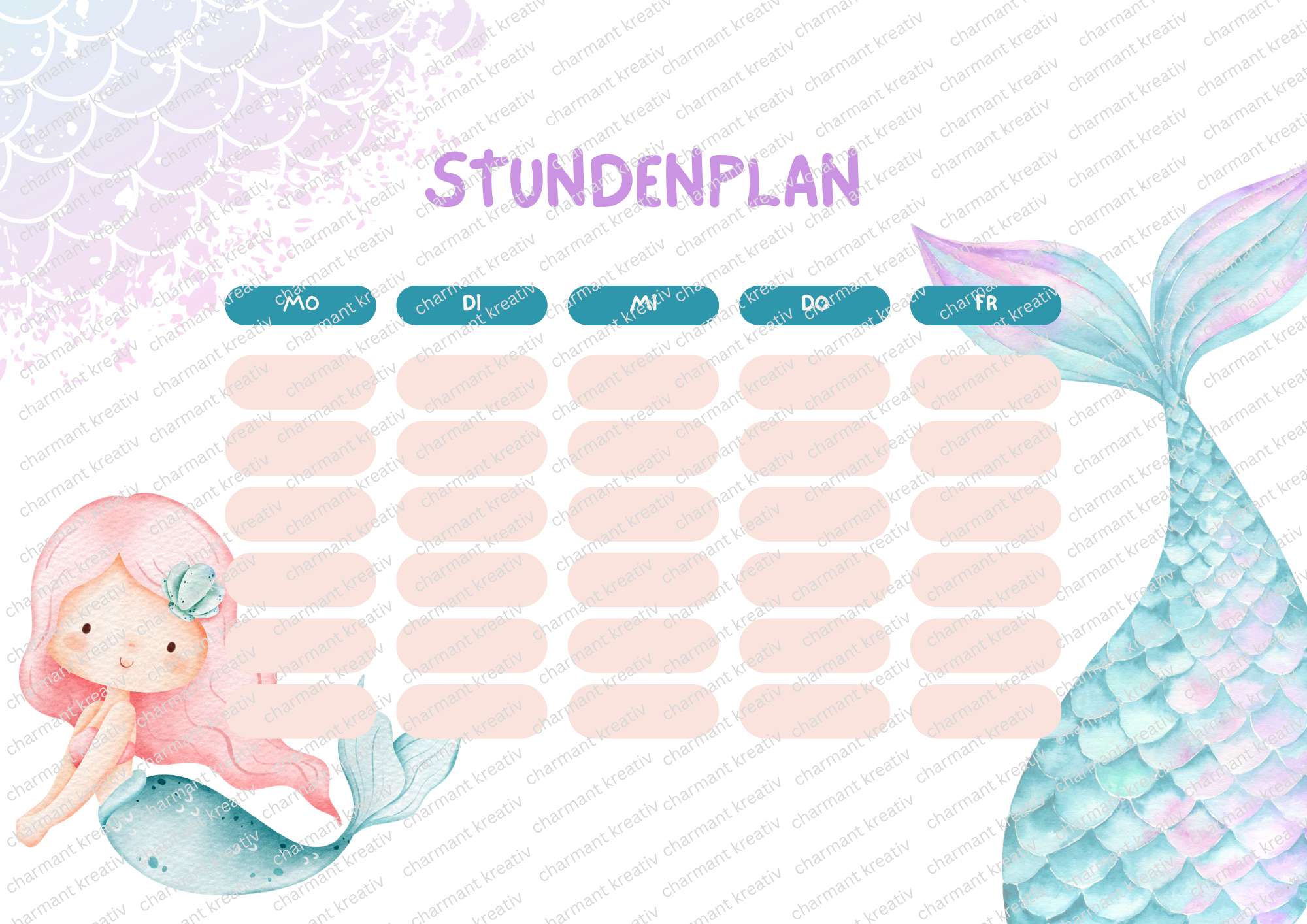 Stundenplan Kinder A4 | Meerjungfrau | Druckdatei zum Ausdrucken | Schule