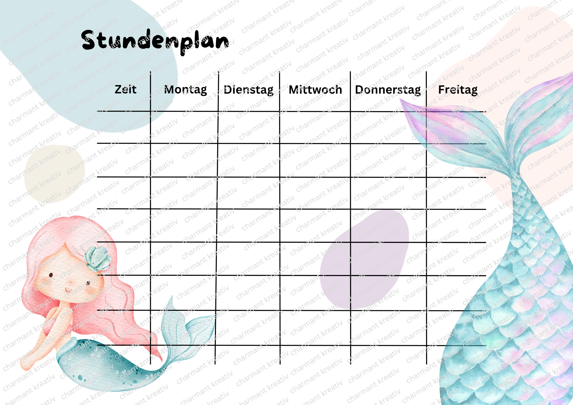 Stundenplan Kinder A4 | Meerjungfrau | Druckdatei zum Ausdrucken | Schule