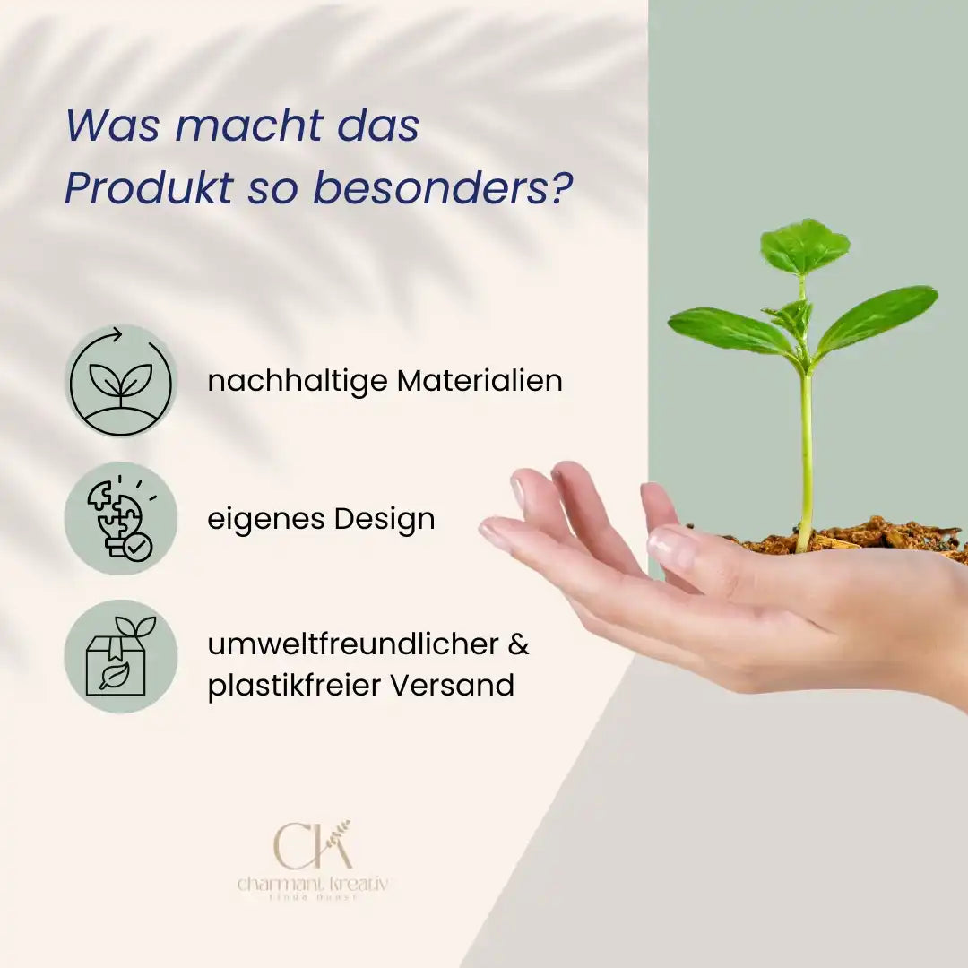 Hand hält junge Pflanze in Erde, nachhaltige Materialien, eigenes Design