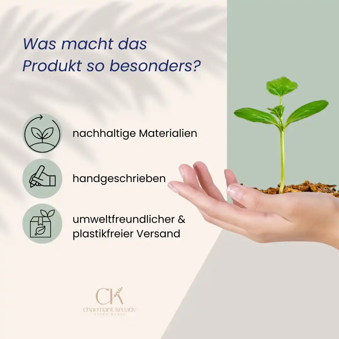 Hand hält junge Pflanze, nachhaltige Materialien, handgeschrieben, plastikfreier Versand