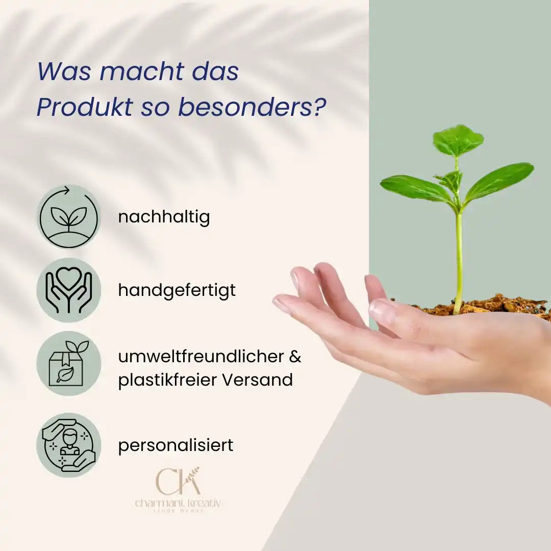 Hand hält junge Pflanze, nachhaltig & handgefertigt, personalisiert