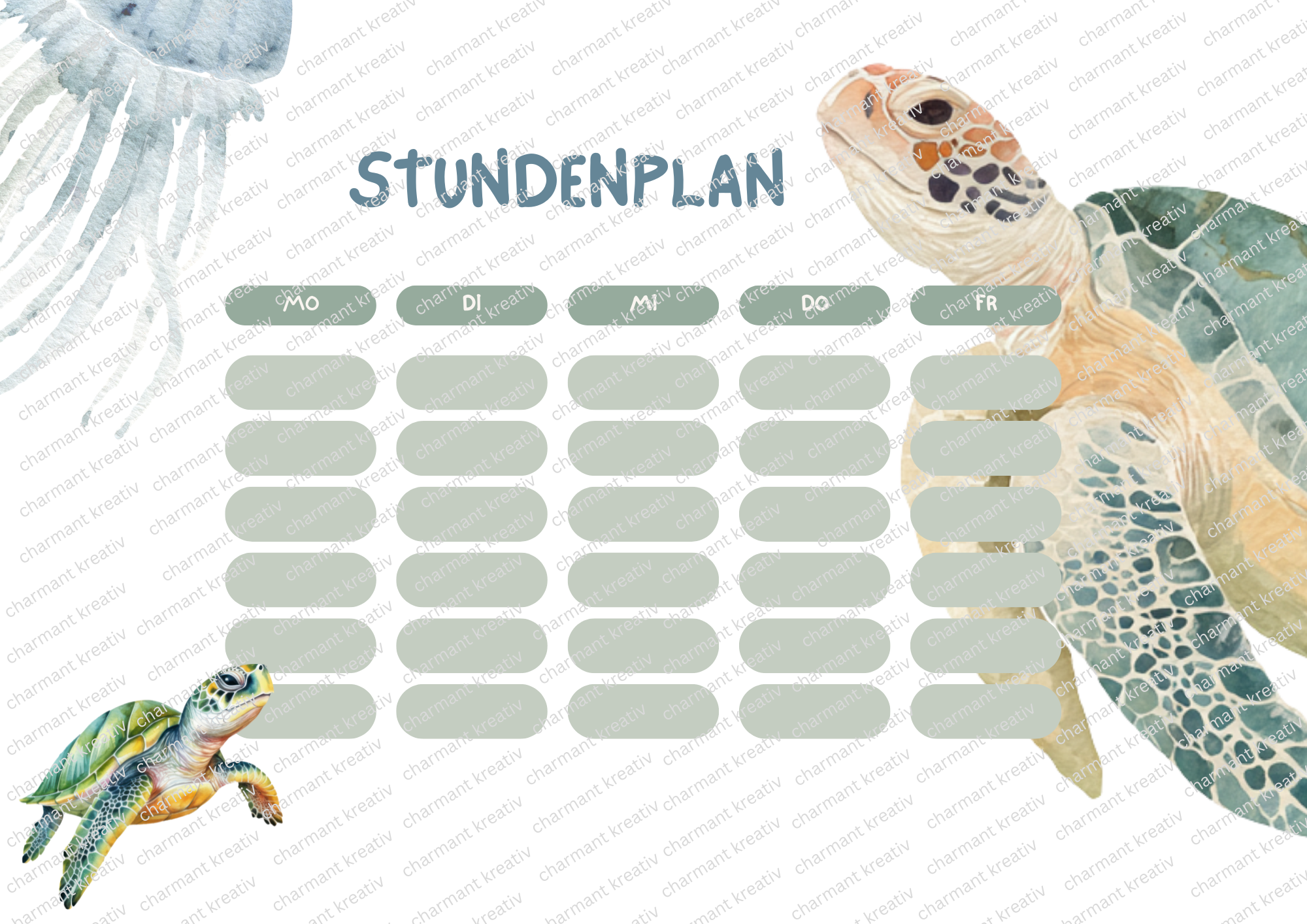 Stundenplan Kinder A4 | Ozean Meeresschildkröte | Druckdatei zum Ausdrucken | Schule