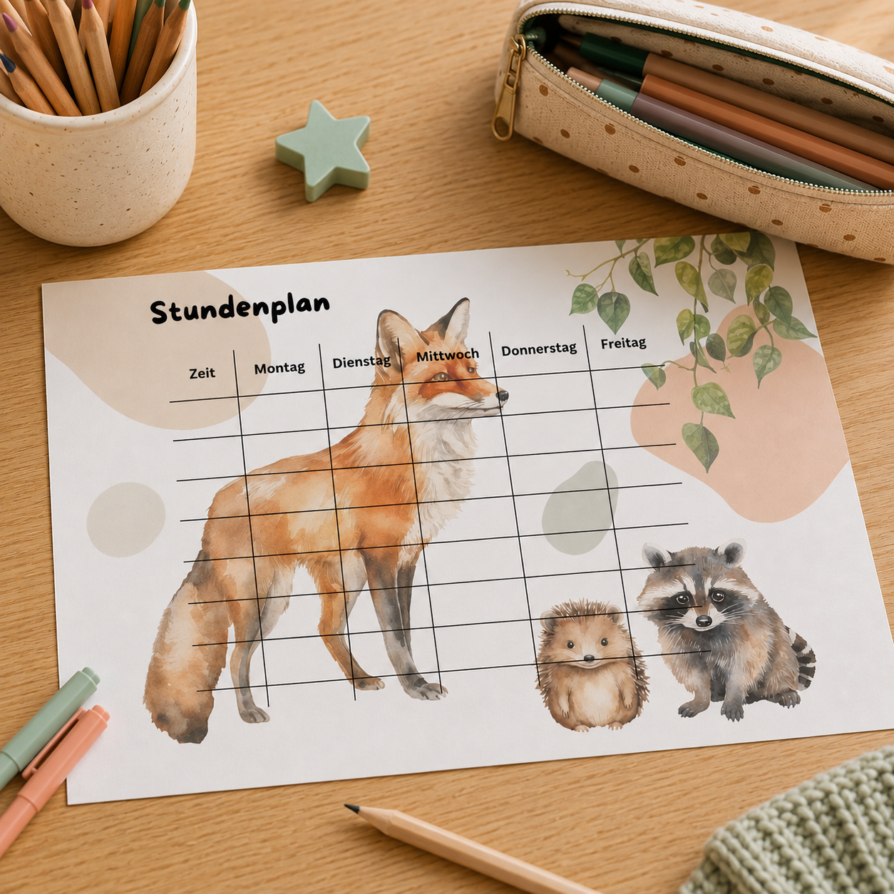 Stundenplan Kinder A4 Fuchs Druckdatei | Aquarell Waldtiere | Schule