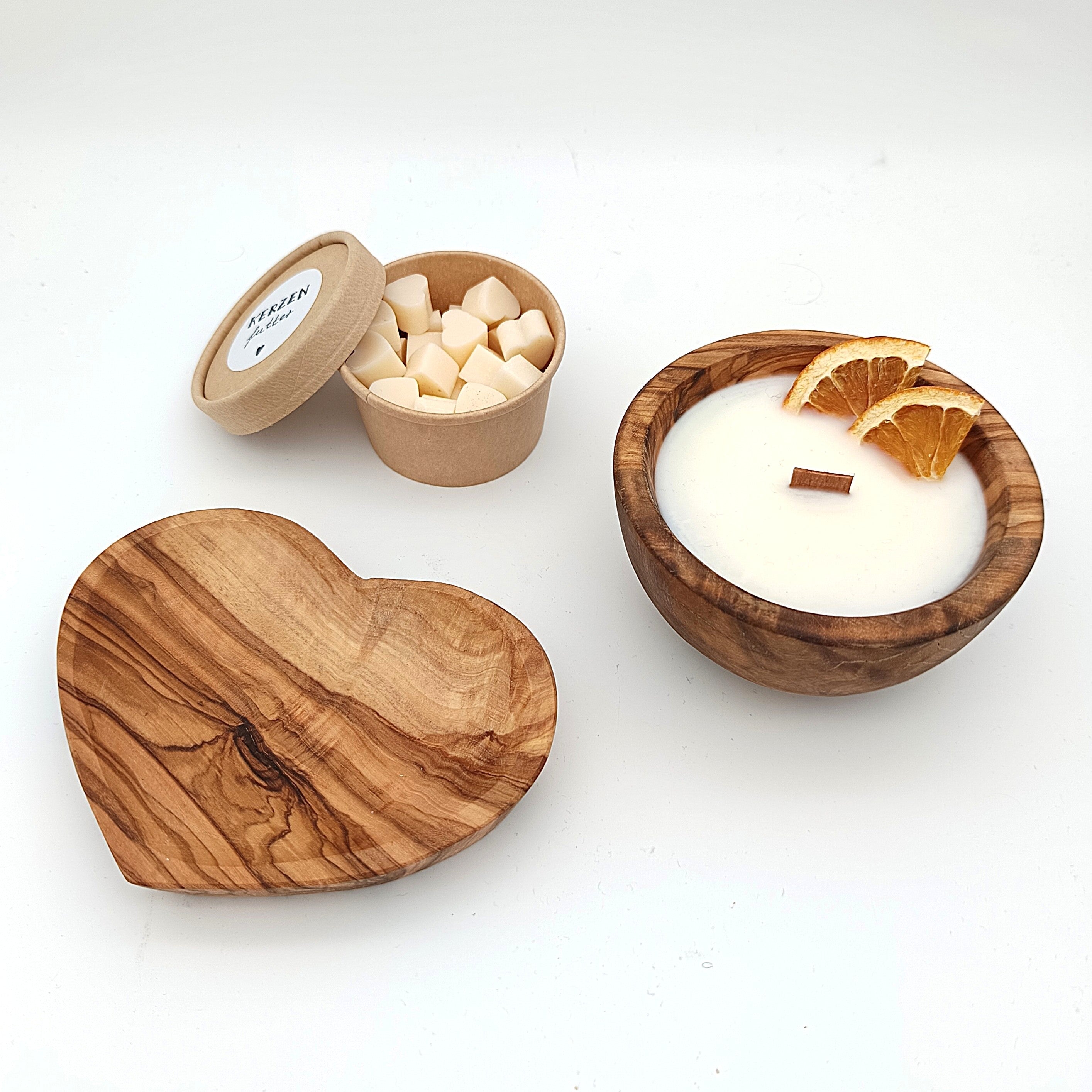 Kerzen-Geschenkset GENUSS, Sojawachskerzen ohne Duftstoffe, Geschenk für sie, handgemachte Kerze mit Holzdocht, Ringschale, Kerzenfutter