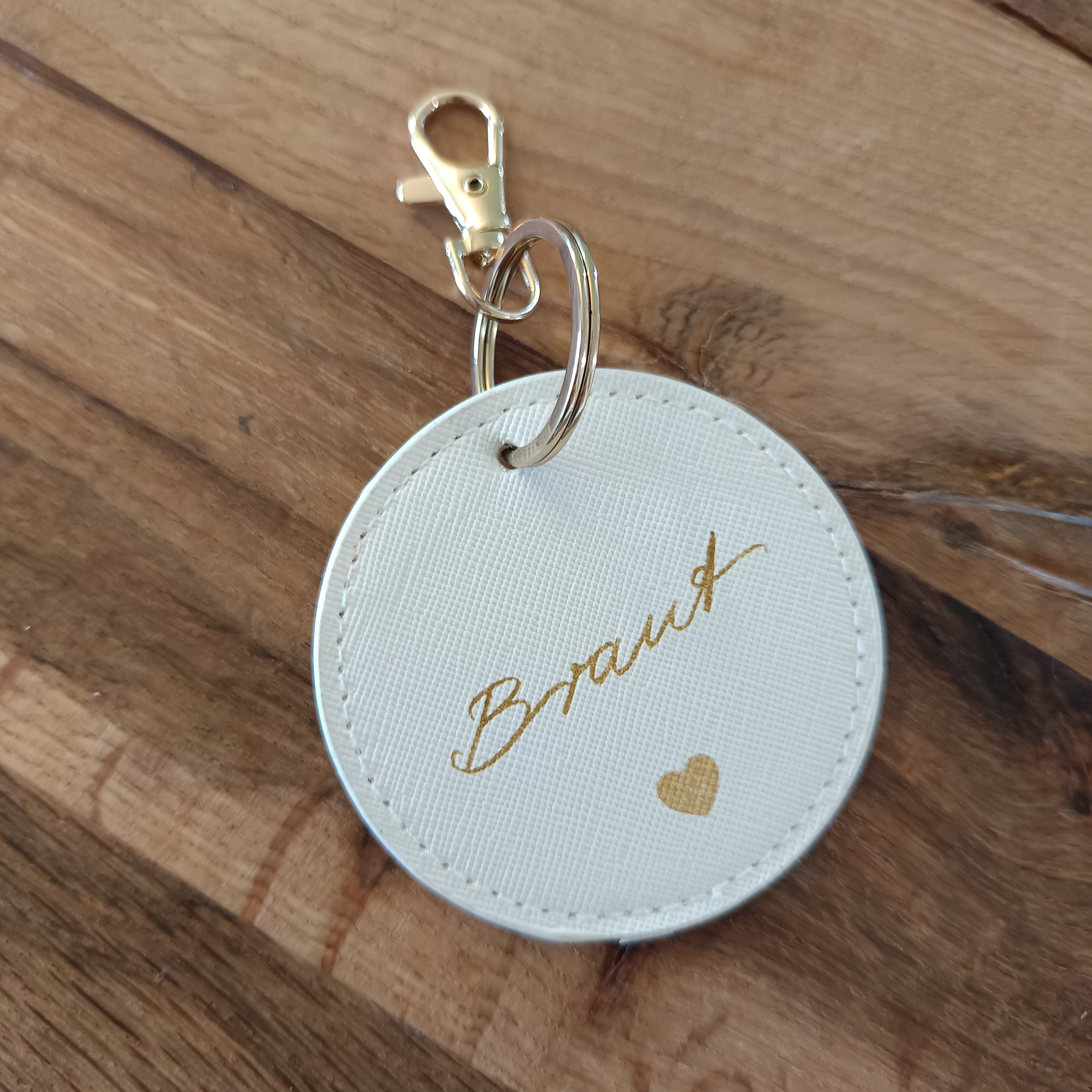 Schlüsselanhänger Braut | Kunstleder, Goldschrift, rund