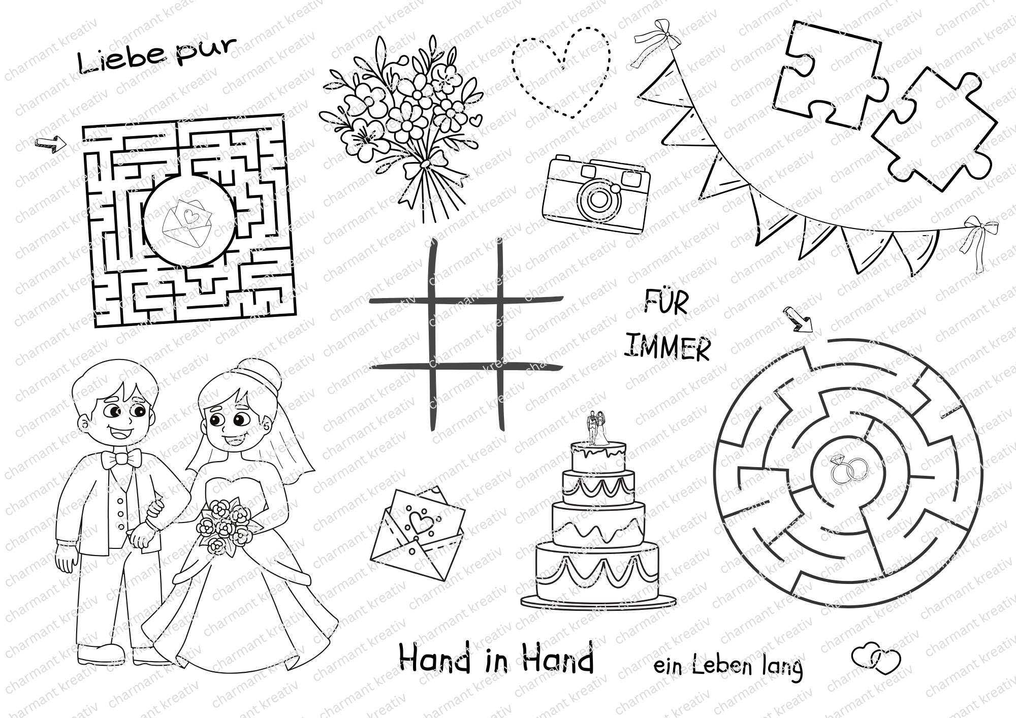 Kinder Beschäftigung Hochzeit SET – Malvorlagen & Rätsel als Druckvorlage zum Sofort-Download