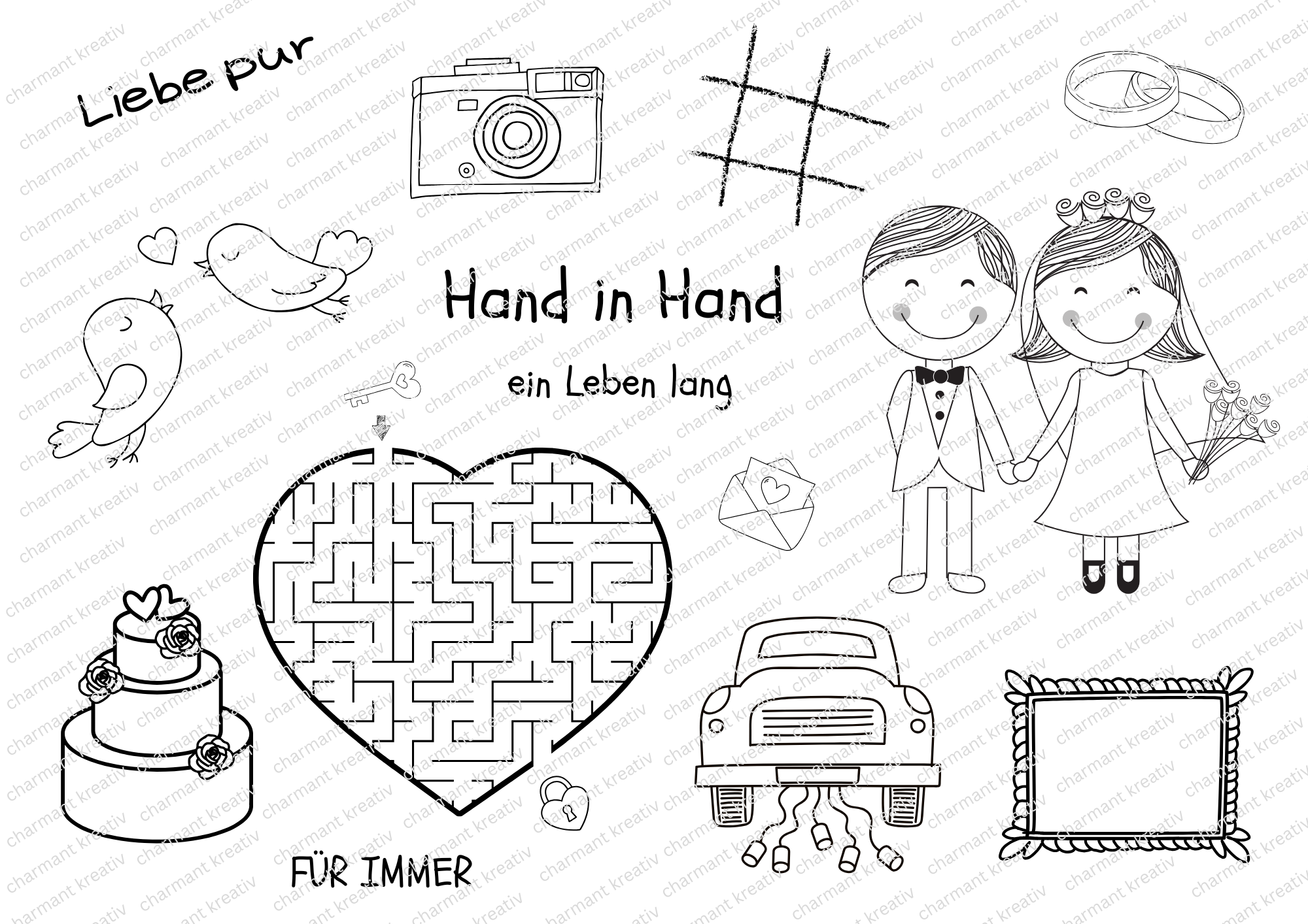 Kinder Beschäftigung Hochzeit SET – Malvorlagen & Rätsel als Druckvorlage zum Sofort-Download