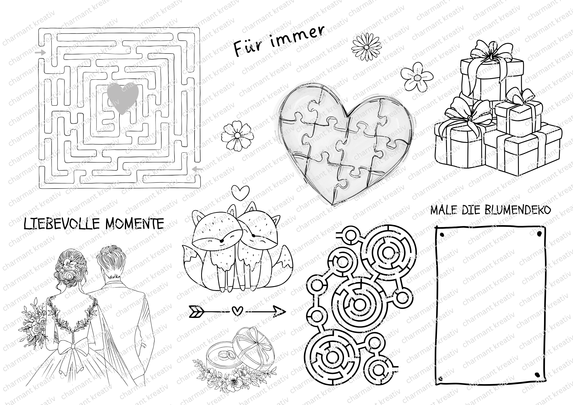 Kinder Beschäftigung Hochzeit SET – Malvorlagen & Rätsel als Druckvorlage zum Sofort-Download