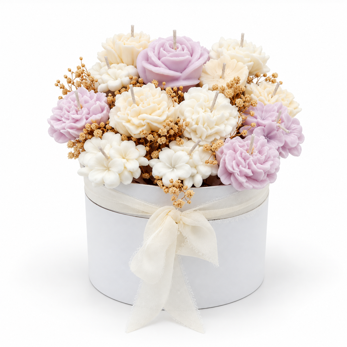 Blumenstrauß aus Kerzen in Geschenkbox | Flieder & Creme