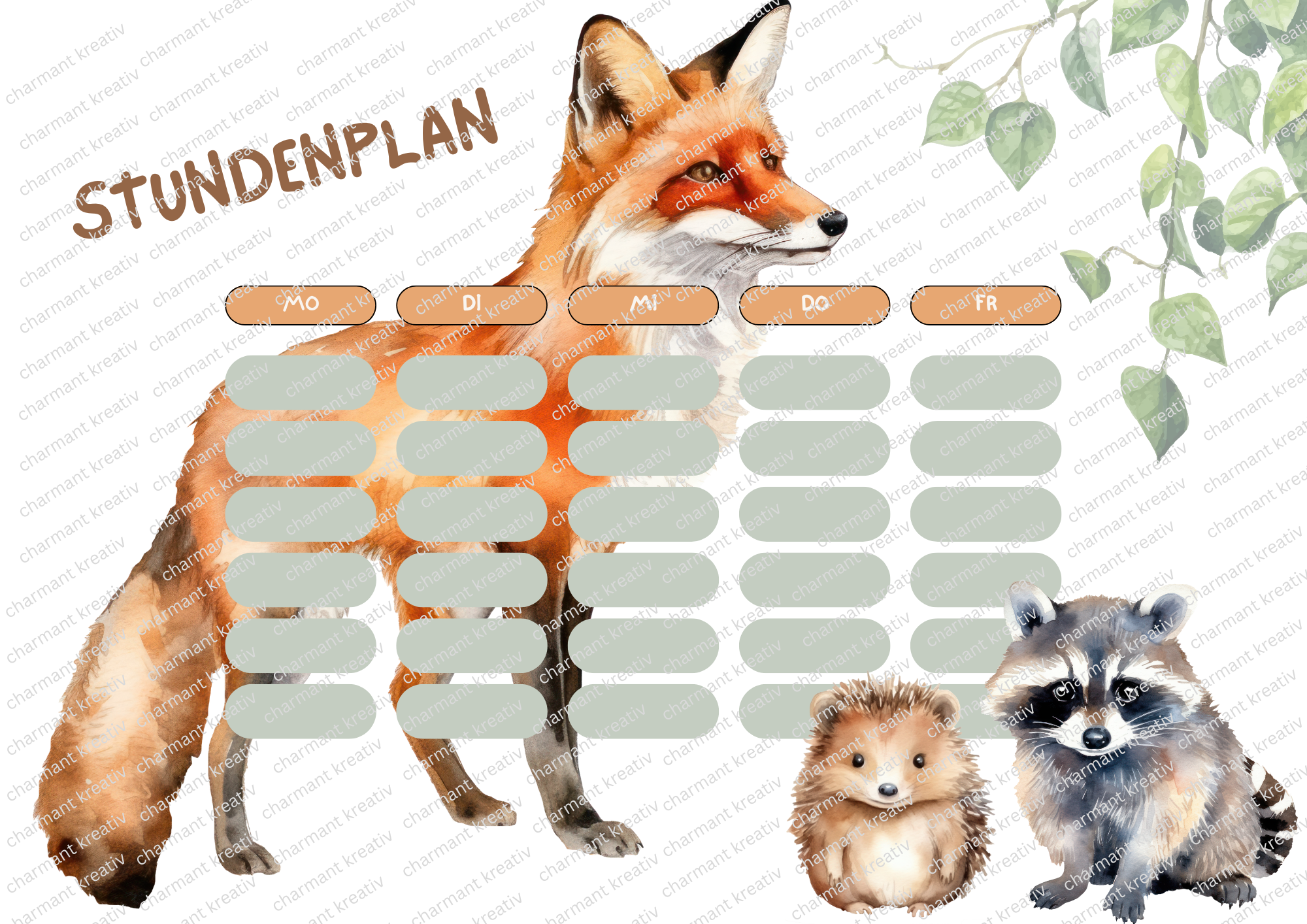 Stundenplan Kinder A4 Fuchs Druckdatei | Aquarell Waldtiere | Schule