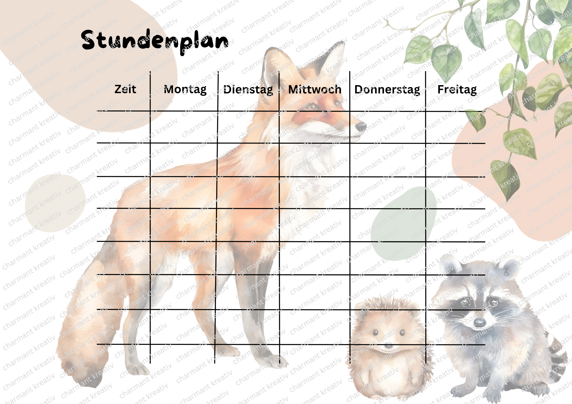 Stundenplan Kinder A4 Fuchs Druckdatei | Aquarell Waldtiere | Schule