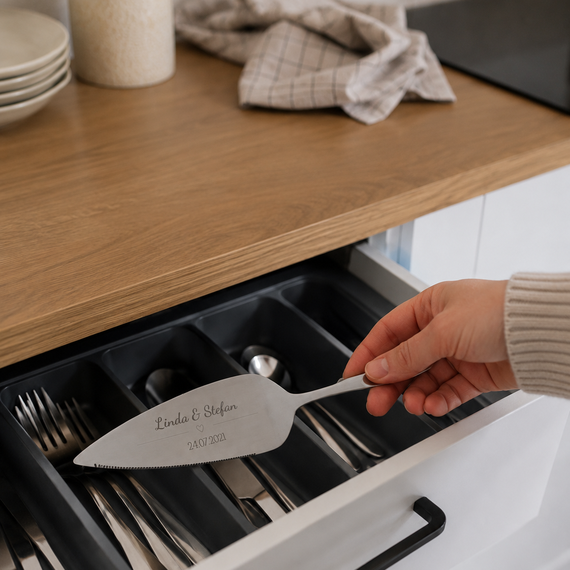 Tortenheber personalisiert mit Namen und Datum, Hochzeitsgeschenk graviert