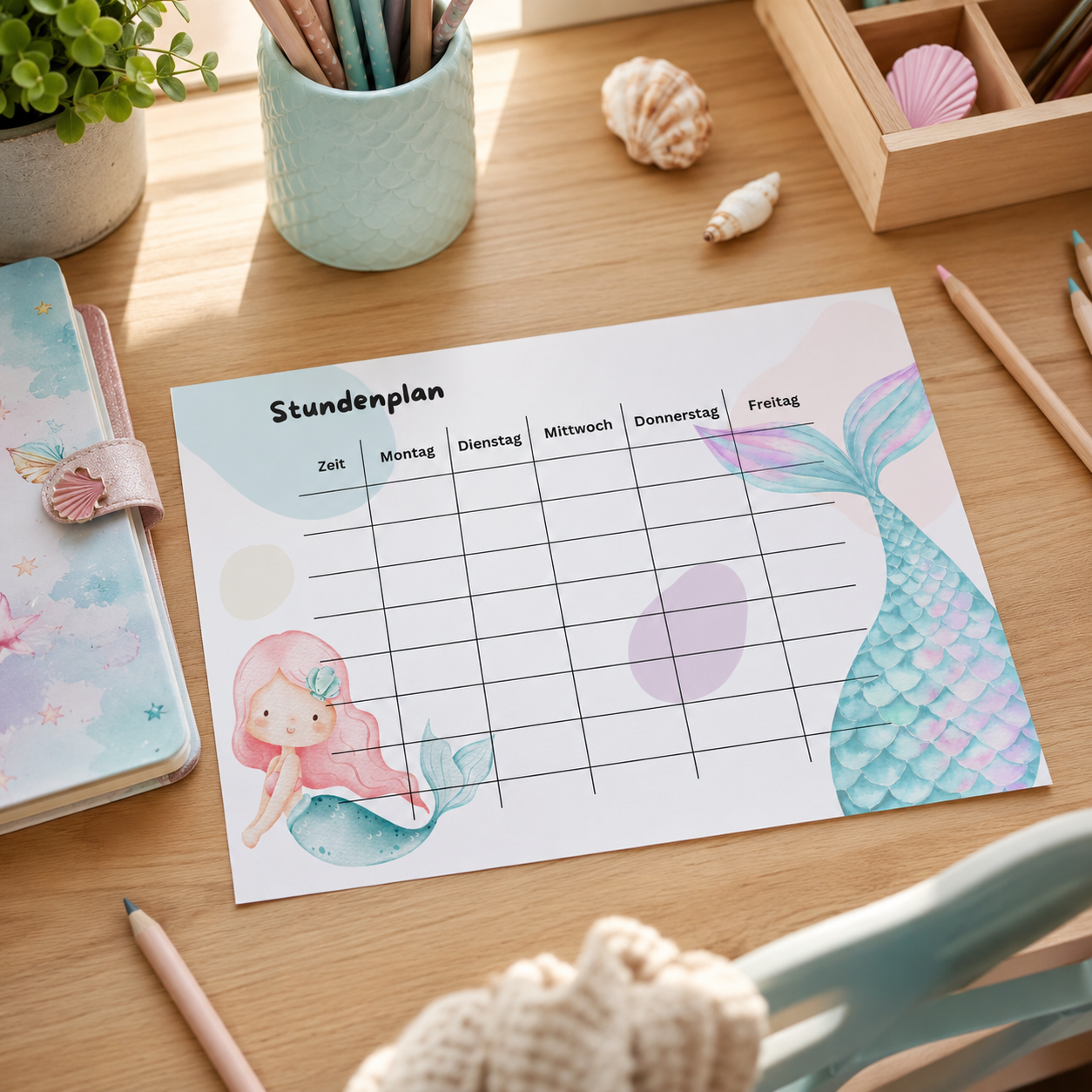 Stundenplan Kinder A4 | Meerjungfrau | Druckdatei zum Ausdrucken | Schule
