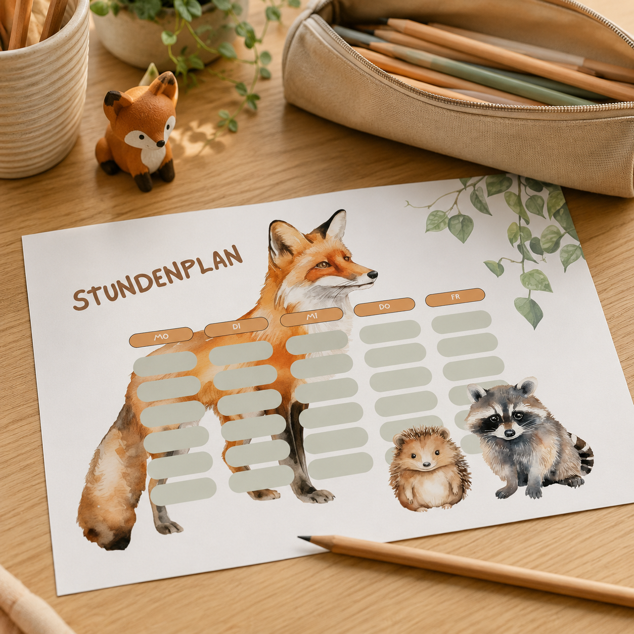 Stundenplan Kinder A4 Fuchs Druckdatei | Aquarell Waldtiere | Schule